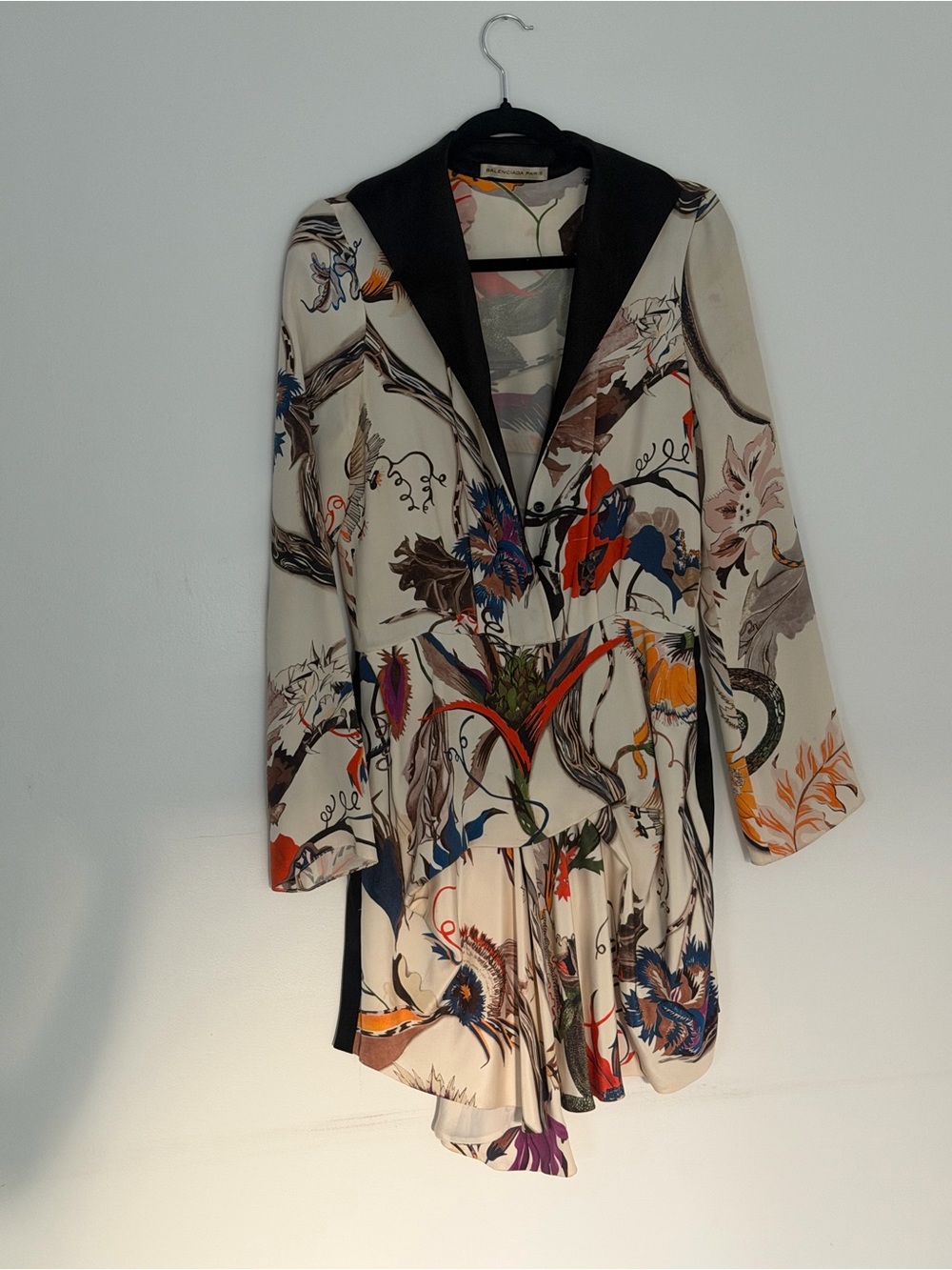 Balenciaga Cream Floral Hooded Trench Coat with Multicolor Print